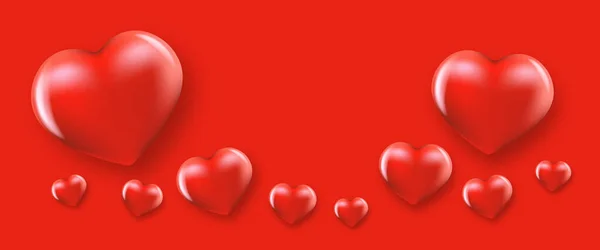 Vector valentines day horizontal banner or background with red vector realistic hearts isolated on red paper background — Stock Vector