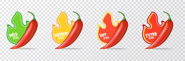 Spicy hot red chili pepper icons set with flame and rating of spicy. Vector spicy food level sticker collection, mild, medium hot and extra hot level of pepper sauce or snack food — Stock Vector