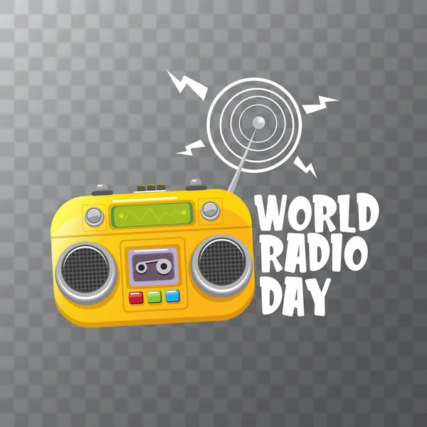World radio day concept vector illustration with vintage old orange cassette stereo player isolated on transparent background. Radio day banner or poster — Stock Vector