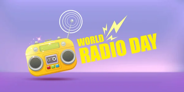 Weltfunktag horizontales Banner mit alten orangefarbenen Kassetten-Stereoanlage isoliert auf violettem Hintergrund. Cartoon funky Hipster Radio Tagesbanner oder Poster — Stockvektor