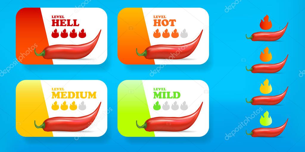 Spicy hot red chili pepper banners or stickers set with flame and rating of spicy. Vector spicy food level icon collection, mild, medium hot and hell level of pepper sauce or snack
