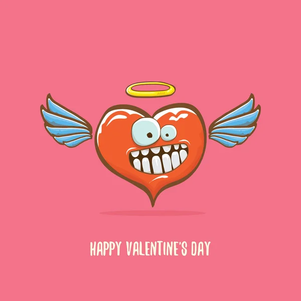 Vector Valentines day greeting card with funny cartoon pink heart character with wings and holy angel golden nimbus isolated on pink background. Conceptual valentines day comic funky kids poster — Stock Vector
