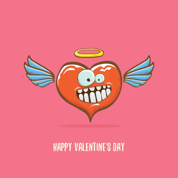 Vector Valentines cartão de saudação dia com engraçado desenho animado personagem coração rosa com asas e santo anjo nimbo dourado isolado no fundo rosa. Conceptual dia dos namorados quadrinhos funky crianças cartaz —  Vetores de Stock