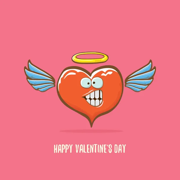 Vector Valentines day greeting card with funny cartoon pink heart character with wings and holy angel golden nimbus isolated on pink background. Conceptual valentines day comic funky kids poster — Stock Vector