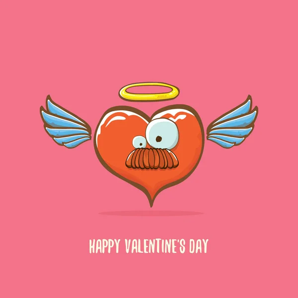 Vector Valentines day greeting card with funny cartoon pink heart character with wings and holy angel golden nimbus isolated on pink background. Conceptual valentines day comic funky kids poster — Stock Vector