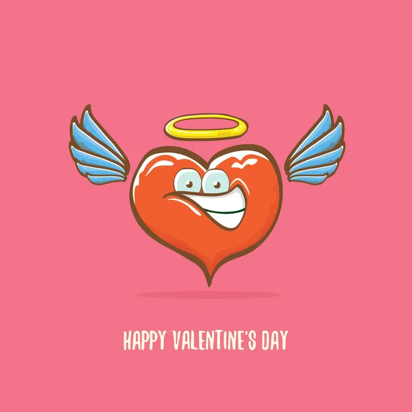 Vector Valentinstag Grußkarte mit lustigen Cartoon rosa Herz Charakter mit Flügeln und Heiliger Engel goldenen Nimbus isoliert auf rosa Hintergrund. Konzeptionelle Valentinstag Comic funky Kinder Poster — Stockvektor