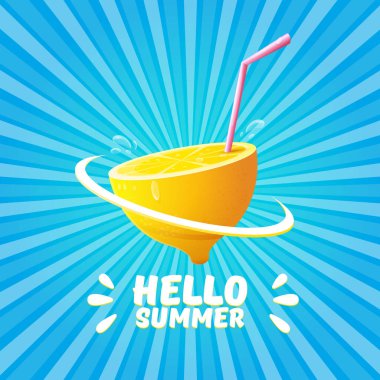 Vector Hello Summer Beach Party Flyer tasarım şablonu. Mavi gökyüzü üzerinde hafif arkaplan ışınlarıyla taze limon. Merhaba yaz konsepti etiketi veya portakal meyveli poster ve tipografik metin.
