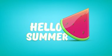 Vector Hello Summer Beach Party yatay afiş tasarım şablonu. Arka planda taze karpuz dilimi izole edilmiş. Merhaba yaz konsepti etiketi veya içinde meyve ve tipografik metin olan poster.