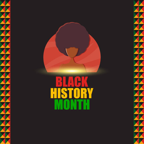 Векторная черная история месяц баннер или плакат с афроженщиной изолированы на черном фоне с африканским рисунком