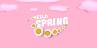 Pembe bulutlu, yumuşak pembe arka planda çiçekler ve yazılı pembe yatay afiş. Merhaba bahar sloganı veya pembe arkaplanda izole edilmiş etiket