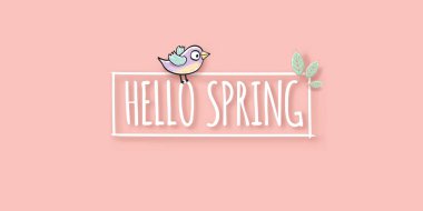 Yumuşak pastel arka planda bahar kuşları ve çiçekleriyle merhaba bahar etiketi. Merhaba bahar basit kesim kağıt tasarım şablonu