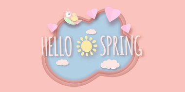 Yumuşak pastel arka planda bahar kuşları ve çiçekleriyle merhaba bahar etiketi. Merhaba bahar basit kesim kağıt tasarım şablonu