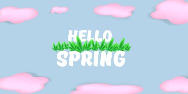 Yumuşak mavi arkaplanda pembe bulutlu çiçekler ve yazılı pembe yatay afiş. Merhaba bahar sloganı veya mavi arkaplanda izole edilmiş etiket