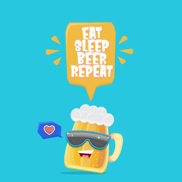 Vector Comer sueño cerveza repetición vector concepto ilustración o cartel de verano con personaje de la taza de cerveza funky de dibujos animados con gafas de sol aisladas sobre fondo azul. Vector divertido etiqueta de cerveza o diseño de póster Vector De Stock