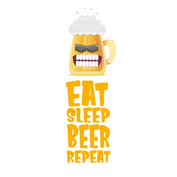 病媒吃睡啤酒重复病媒概念插图或夏季海报与卡通时髦啤酒杯子字符与太阳镜分离白色背景。病媒有趣的啤酒标签或招贴画设计 矢量图形