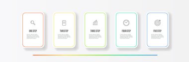 Kare şablon tasarımlı, simgeli ve 5 seçenekli veya gri ve koyu arkaplan üzerine basamaklı ticari bilgi-ince çizgi süreci. Vektör süreci kağıt modern web pankartları tasarım şablonu ayarladı