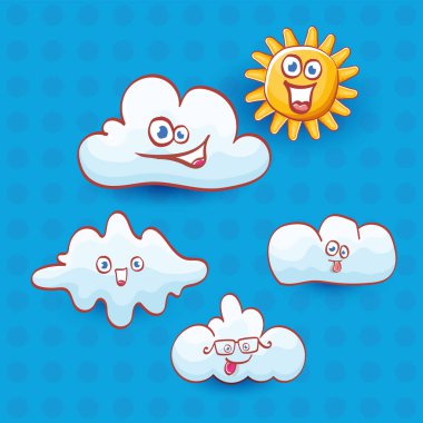 vektör yaz karikatür ikonu seti. Garip çizgi film yaz karakteri ve mavi gökyüzü arka planında izole şirin bulutlar. Tuhaf çocuklar. Yaz çıkartmaları.