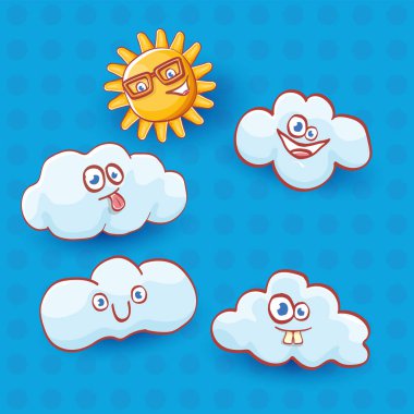 vektör yaz karikatür ikonu seti. Garip çizgi film yaz karakteri ve mavi gökyüzü arka planında izole şirin bulutlar. Tuhaf çocuklar. Yaz çıkartmaları.