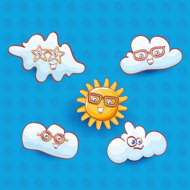 vektör yaz karikatür ikonu seti. Garip çizgi film yaz karakteri ve mavi gökyüzü arka planında izole şirin bulutlar. Tuhaf çocuklar. Yaz çıkartmaları.