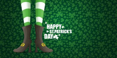 Aziz Patrick Günü yatay pankartı, yeşil çizgili yeşil çizgili, yoncalı yeşil çoraplı, cüce leprikon kız bacakları. Saint Patrick Day bayrağı ya da kızla poster tasarımı şablonu