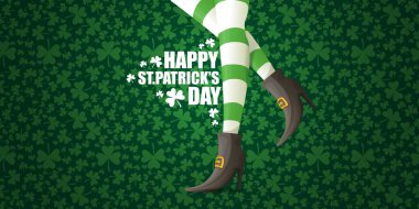 Aziz Patrick Günü yatay pankartı, yeşil çizgili yeşil çizgili, yoncalı yeşil çoraplı, cüce leprikon kız bacakları. Saint Patrick Day bayrağı ya da kızla poster tasarımı şablonu