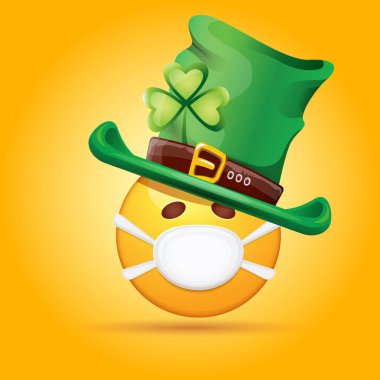Vector Emoji sticker with mouth medical protection mask and saint Patricks green hat isolated on orange background. Yellow st. Patricks smile face character with hat and white surgeon mask.