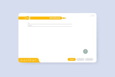 E- posta pencere şablonu, yeni mesaj turuncu arayüz modelleme tasarımı. Bilgisayar masaüstü posta ekranı izole edildi. Simgeli internet sayfası illüstrasyonu. UI tasarım şablonu