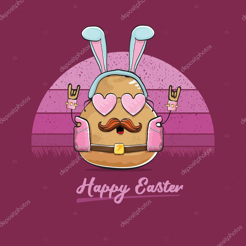 Vector rock star easter potato funny cartoon character with blue bunny ears isolated on vintage background with sun. rock n roll easter party poster or easter greeting card