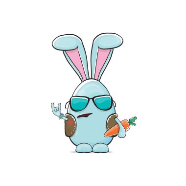 Paskalya tavşanı sert çocuk ve beyaz arka planda izole edilmiş tavşan kulaklı komik çizgi film karakteri. Rock n roll Paskalya Partisi posteri ya da mavi tavşanlı mutlu Paskalya tebrik kartı