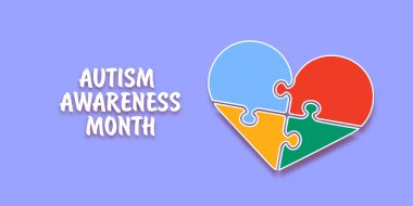 Otizm farkındalığı ayı yatay afişi ile menekşe arka planında izole edilmiş çok renkli yapboz. Sağlık hizmetleri kavramı.