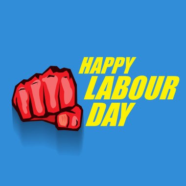 1 Mayıs İşçi Bayramı vektör etiketi ve mavi arka planda güçlü bir protesto yumruğu. Doğum günün kutlu olsun ya da erkek eli ile afiş. İşçiler Gündüz Posteri