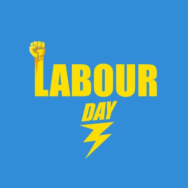 1 Mayıs İşçi Bayramı vektör etiketi ve mavi arka planda güçlü bir protesto yumruğu. Doğum günün kutlu olsun ya da erkek eli ile afiş. İşçiler Gündüz Posteri