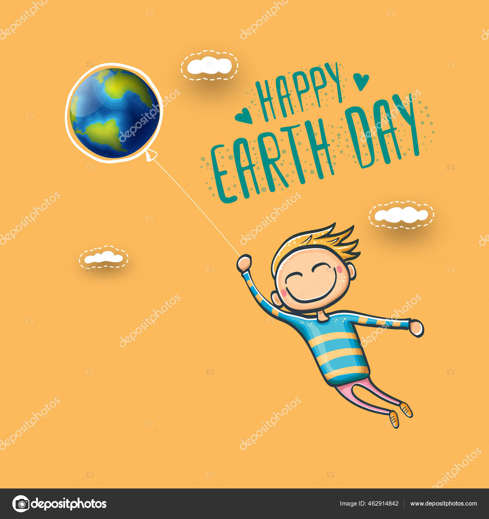 地球の地球と手の中に風船を保持小さなかわいい男の子のキャラクターと漫画の地球の日のイラストやバナー ベクトル ワールド デーのコンセプトポスター イラスト地球と面白い子 ストックベクター C Zm1ter