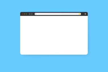 Modern web tarayıcı dizaynı mavi arkaplanda izole edildi. Gölgeli bir web ekran modeli. Arama çubuğu ve düğmeleri olan internet boş web sayfası konsepti. Vektör illüstrasyonu