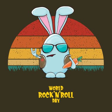 Dünya Rock 'n Roll posteri. Tavşan sert çocuk ve klasik güneş arka planında izole edilmiş komik çizgi film karakteri..