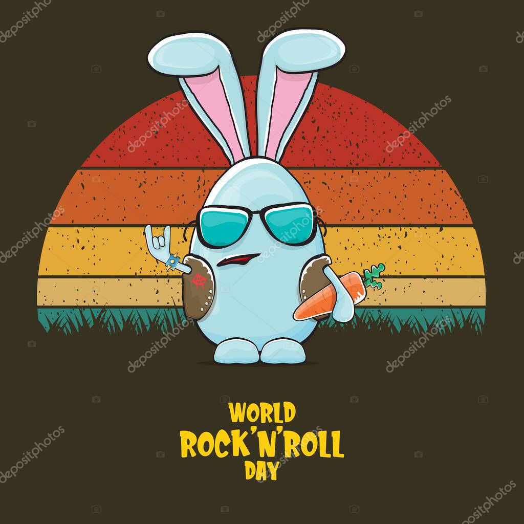 World rock n roll day poster with bunny badass and funny cartoon character isolated on vintage sun background. Vector rock n roll poster