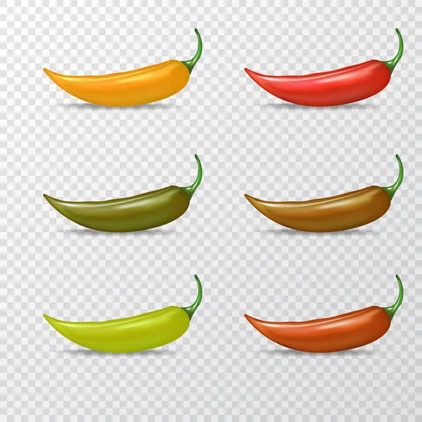 Векторный красный, зеленый, оранжевый перец иконки чили набор изолированных на прозрачном фоне. 3D реалистичный векторный цвет коллекции этикеток чили-перца — стоковый вектор