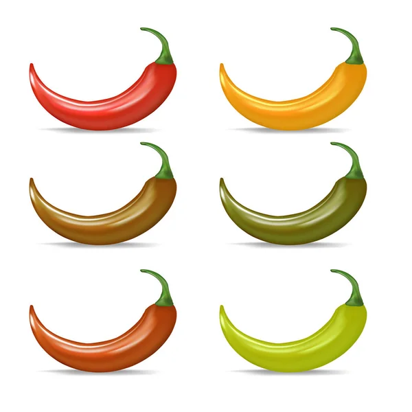 Vector rojo, verde, naranja chiles iconos conjunto aislado sobre fondo blanco. 3d realista vector color chiles etiquetas colección — Archivo Imágenes Vectoriales