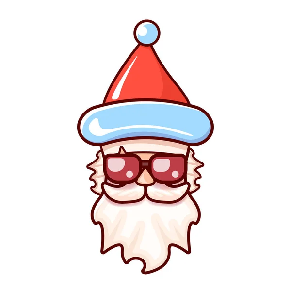 산타클로스는 하얀 크리스마스 배경에서 산타클로스의 모자를 쓰고 선글라스를 끼고 있다. 산타의 상표나 스티커 디자인 — 스톡 벡터