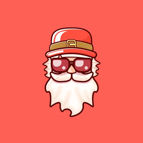 Santa Claus hlava s Santa červený klobouk a hipster sluneční brýle izolované na červeném vánočním pozadí. Santa štítek nebo nálepka design — Stockový vektor