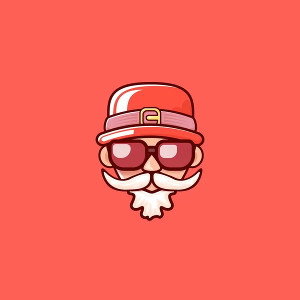 Cabeza de Santa Claus con sombrero rojo de Santa y gafas de sol hipster aisladas sobre fondo rojo de Navidad. Etiqueta de Santa o diseño de pegatina — Vector de stock