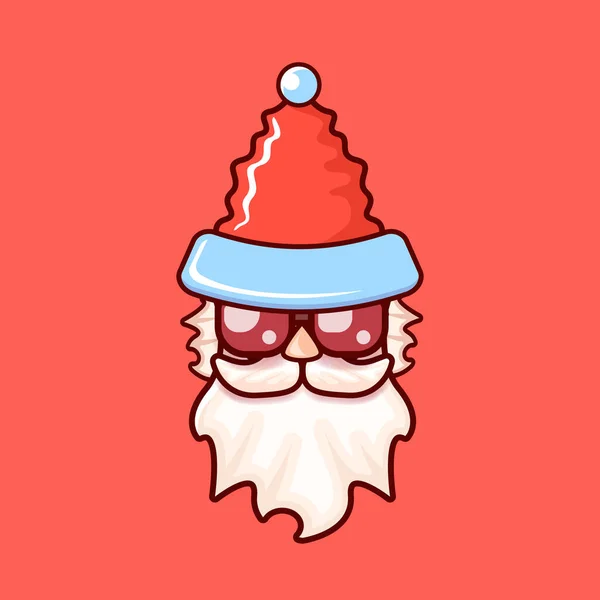 Mikulás fej Mikulás piros kalap és hipster napszemüveg elszigetelt piros karácsonyi háttérrel. Mikulás címke vagy matrica kialakítása — Stock Vector