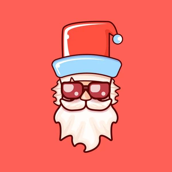 Cabeza de Santa Claus con sombrero rojo de Santa y gafas de sol hipster aisladas sobre fondo rojo de Navidad. Etiqueta de Santa o diseño de pegatina — Vector de stock