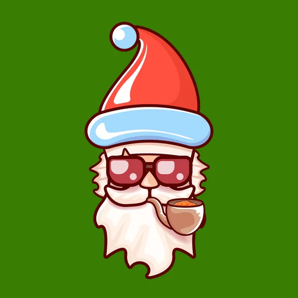 Cabeza de Santa Claus con sombrero rojo de Santa, pipa humeante y gafas de sol hipster rojas aisladas sobre fondo verde de Navidad. Etiqueta de Santa o diseño de pegatina — Vector de stock