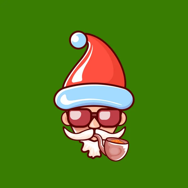 Tête de Père Noël avec chapeau rouge Père Noël, pipe fumeur et lunettes de soleil hipster rouge isolé sur fond de Noël vert. Étiquette ou autocollant Santa design — Image vectorielle