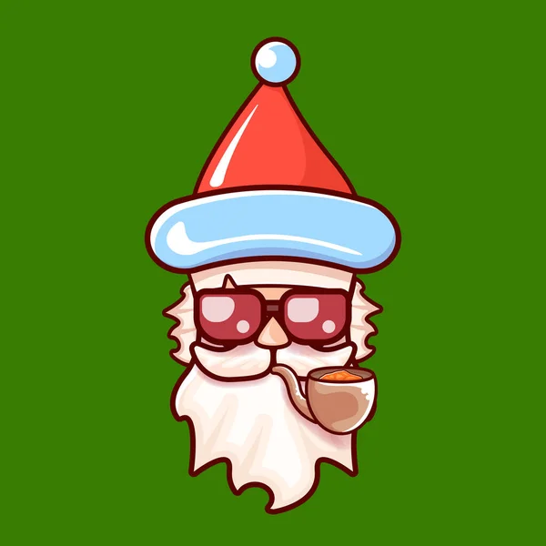 Cabeza de Santa Claus con sombrero rojo de Santa, pipa humeante y gafas de sol hipster rojas aisladas sobre fondo verde de Navidad. Etiqueta de Santa o diseño de pegatina — Vector de stock