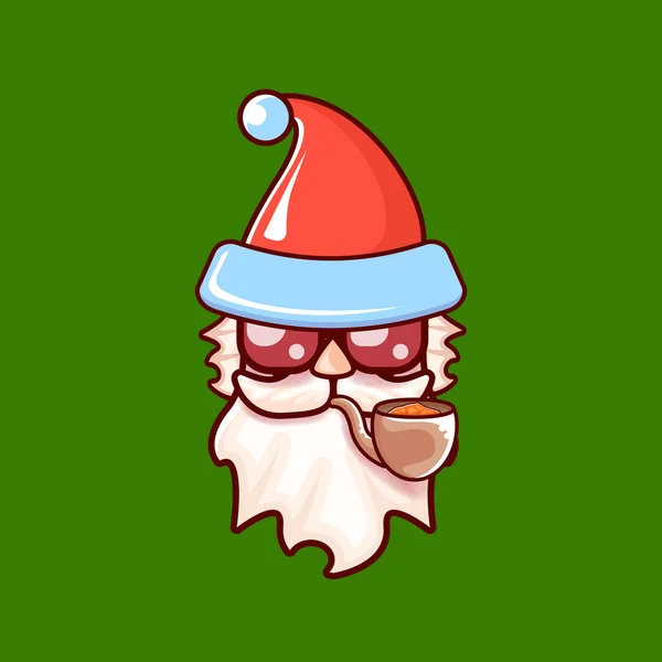 Cabeza de Santa Claus con sombrero rojo de Santa, pipa humeante y gafas de sol hipster rojas aisladas sobre fondo verde de Navidad. Etiqueta de Santa o diseño de pegatina — Archivo Imágenes Vectoriales