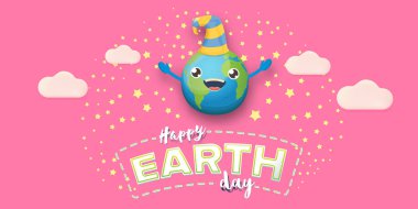 Pembe gökyüzü arka planında izole edilmiş komik şapkalı sevimli gülümseyen yeryüzü gezegeni karakterli çizgi film Dünya Günü afişi. Komik kawaii yerküre ile Eath Day konsepti yatay tasarım şablonu