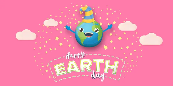 Kreskówka ziemi dzień baner poziomy z cute uśmiechnięta planeta charakter z zabawnym kapeluszem izolowane na różowym tle nieba. Eath dzień koncepcja horyzontalne wzornictwo szablon z zabawny kawaii ziemi globus — Wektor stockowy