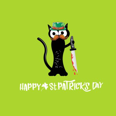 Aziz Patrick Günü tebrik kartı ya da yeşil arka planda kanlı bıçak tutan Patrick şapkalı Kara Kedi afişi. Komik siyah kedi ve bıçak. Patricks Günü konsepti illüstrasyonu